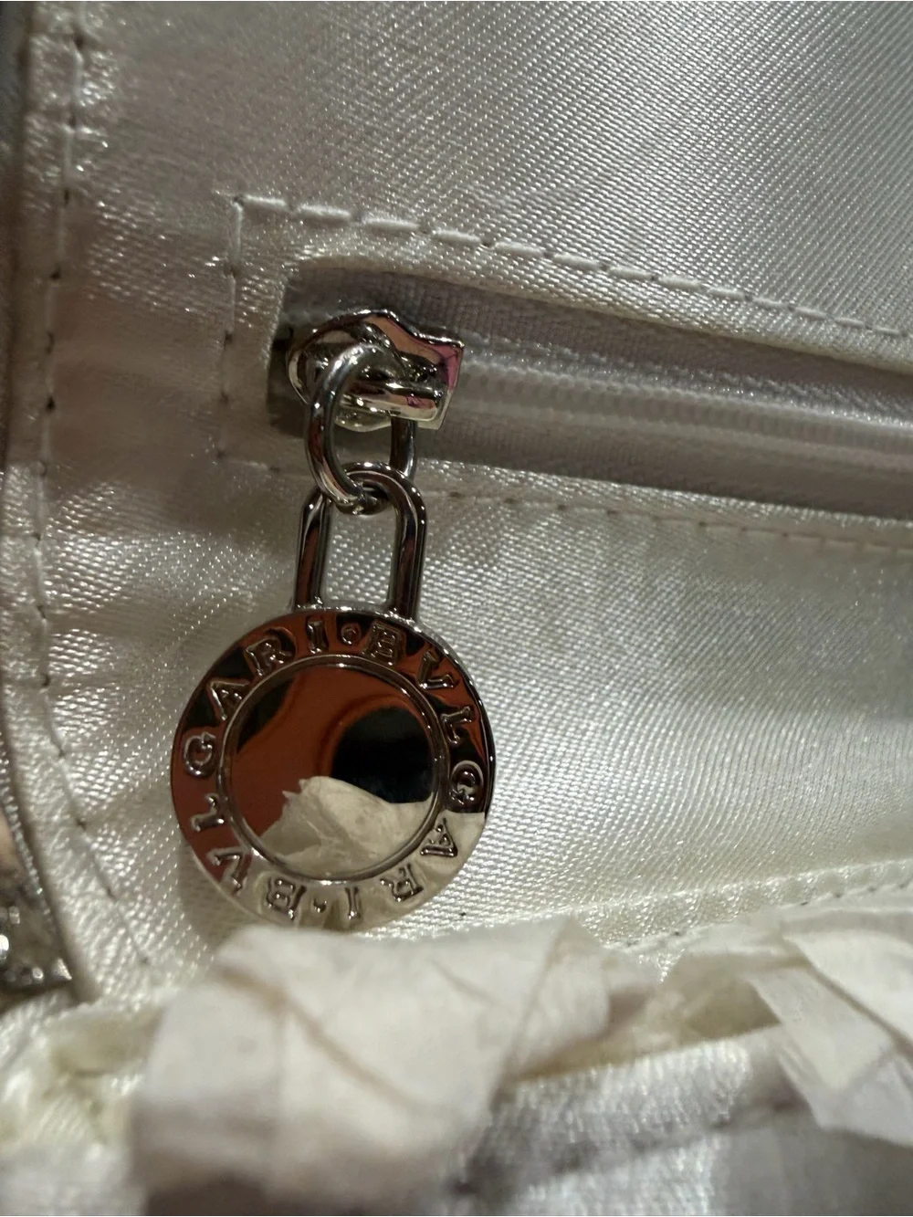 Bulgari White Silk Travel Clutch with Signature Ring